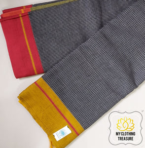 Black Patteda Anchu Cotton Saree With Ganga Jamuna Border- Yellow Red