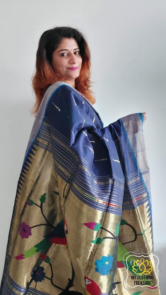 Cotton Paithani Saree With Parrot Pallu-Ink Blue