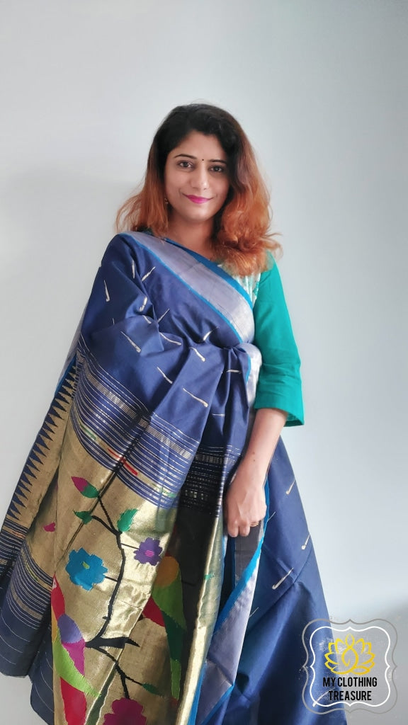 Cotton Paithani Saree With Parrot Pallu-Ink Blue