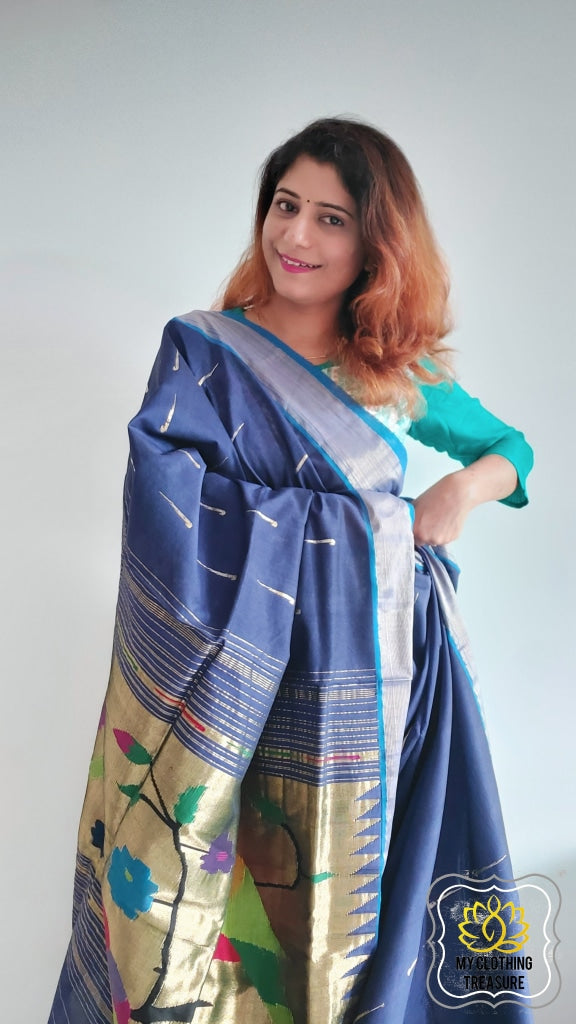 Cotton Paithani Saree With Parrot Pallu-Ink Blue