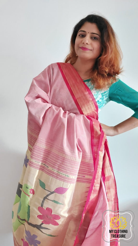 Cotton Paithani Saree With Parrot Pallu-Peach