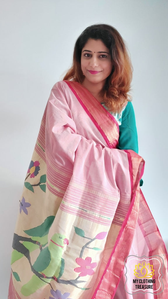 Cotton Paithani Saree With Parrot Pallu-Peach