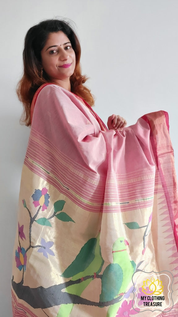 Cotton Paithani Saree With Parrot Pallu-Peach