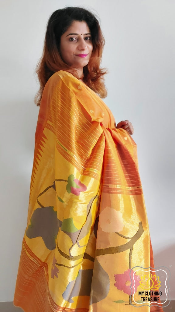 Cotton Paithani Saree With Peacock Pallu-Orange