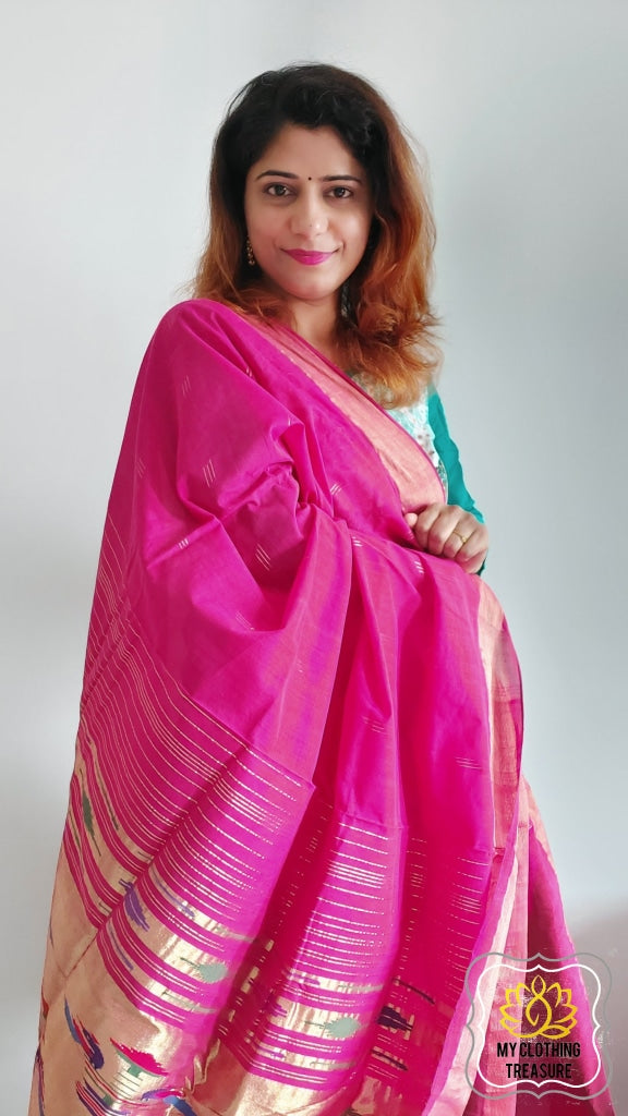 Cotton Paithani Saree With Traditional Double Pallu- Deep Onion Pink