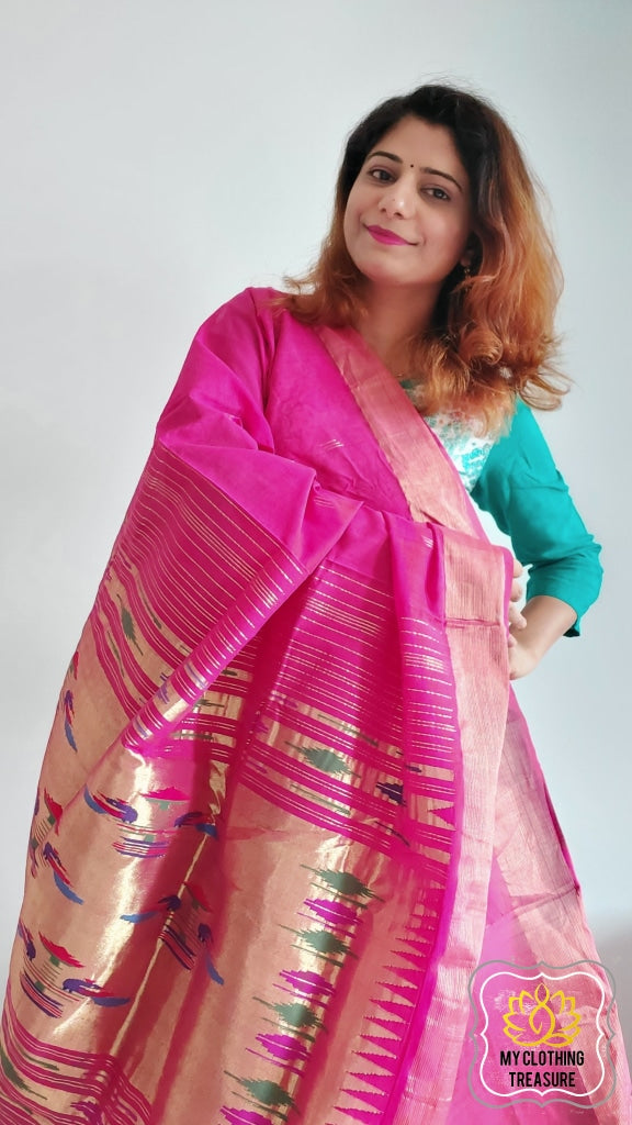 Cotton Paithani Saree With Traditional Double Pallu- Deep Onion Pink