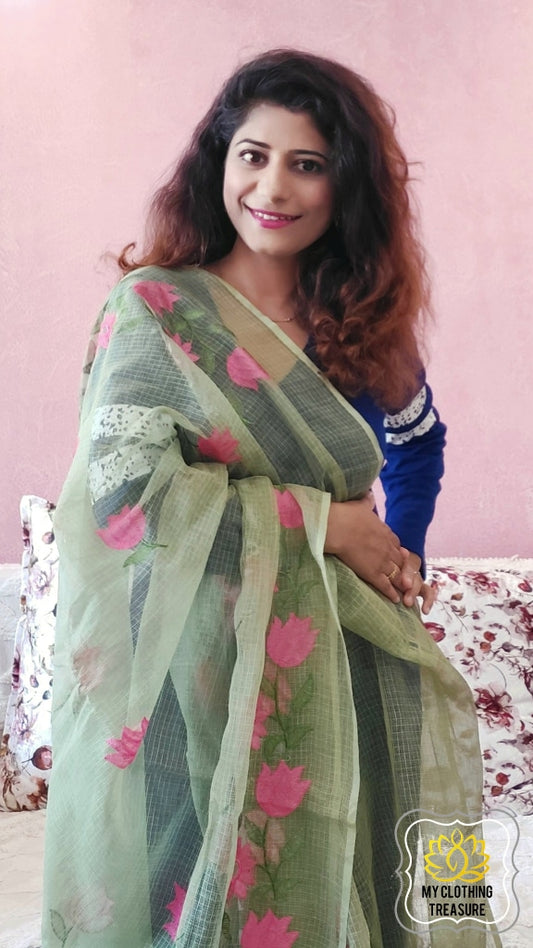 Embroidery On Cotton Kota Saree- Green Saree