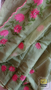 Embroidery On Cotton Kota Saree- Green Saree