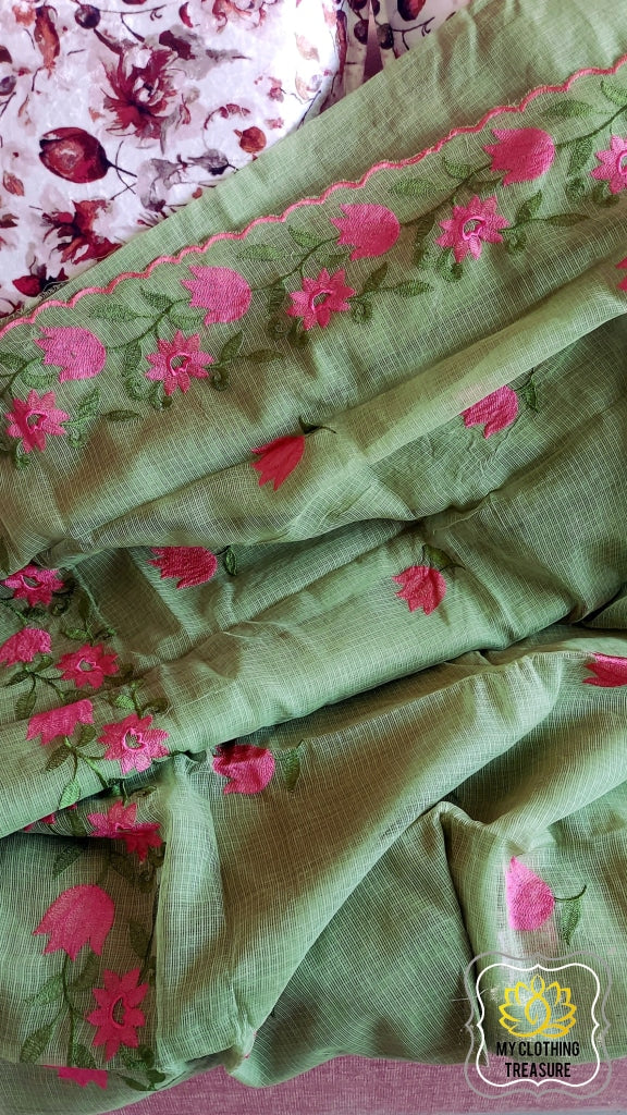 Embroidery On Cotton Kota Saree- Green Saree