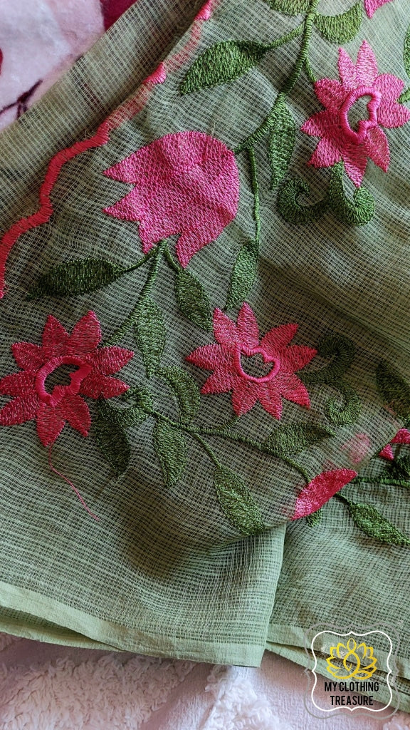 Embroidery On Cotton Kota Saree- Green Saree