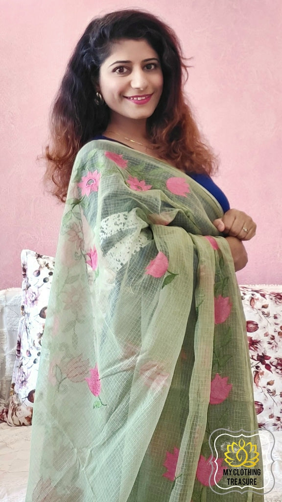 Embroidery On Cotton Kota Saree- Green Saree