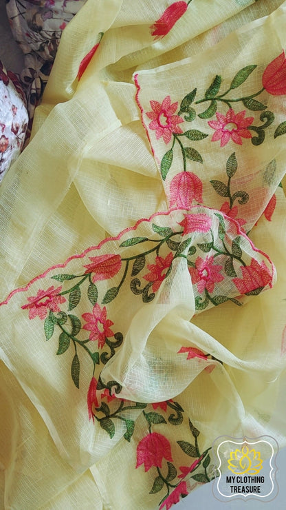 Embroidery On Cotton Kota Saree- Lime Yellow Saree