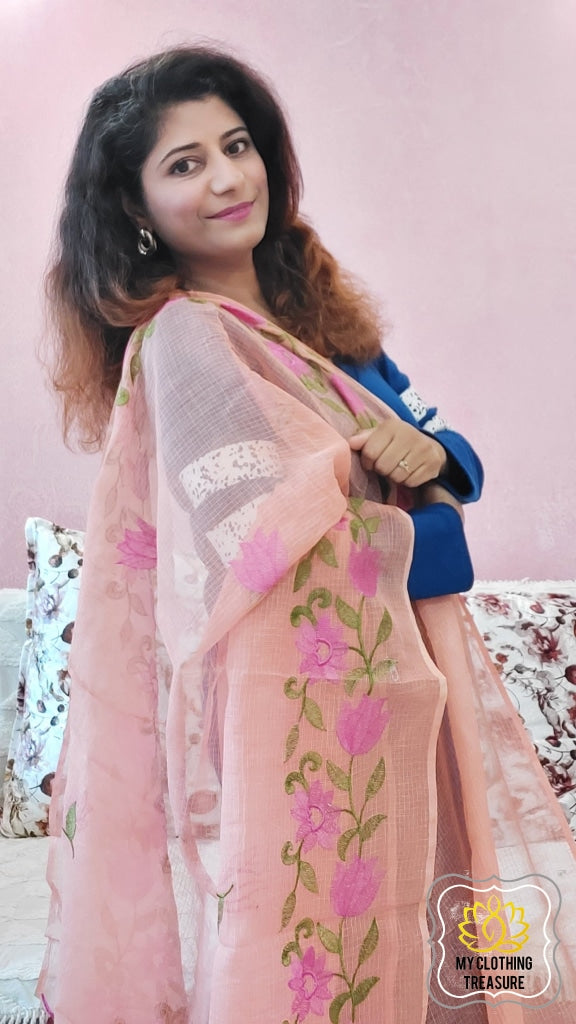 Embroidery On Cotton Kota Saree- Peach Saree