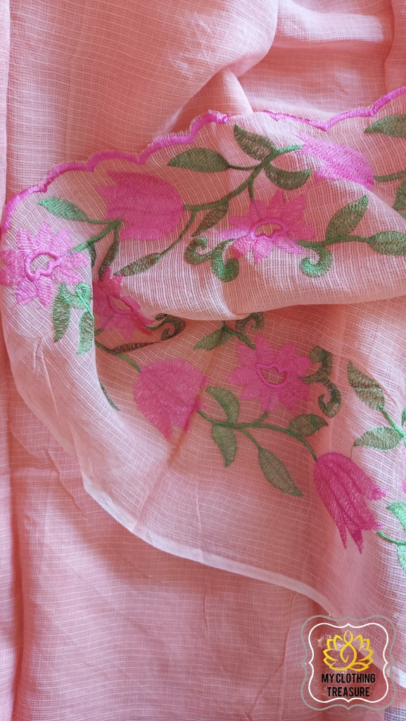 Embroidery On Cotton Kota Saree- Peach Saree