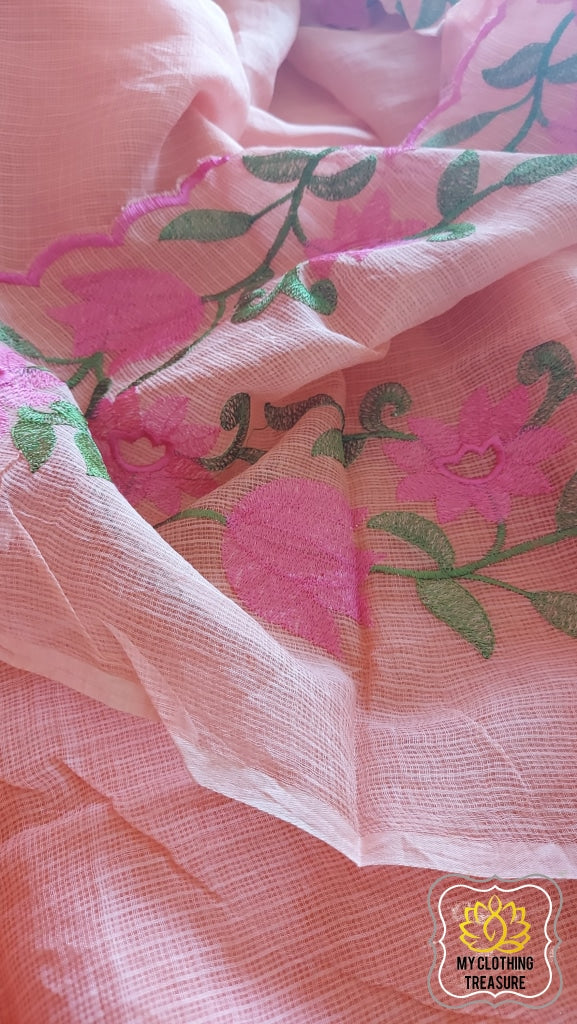 Embroidery On Cotton Kota Saree- Peach Saree