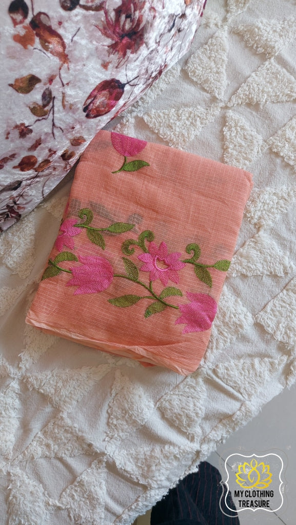 Embroidery On Cotton Kota Saree- Peach Saree