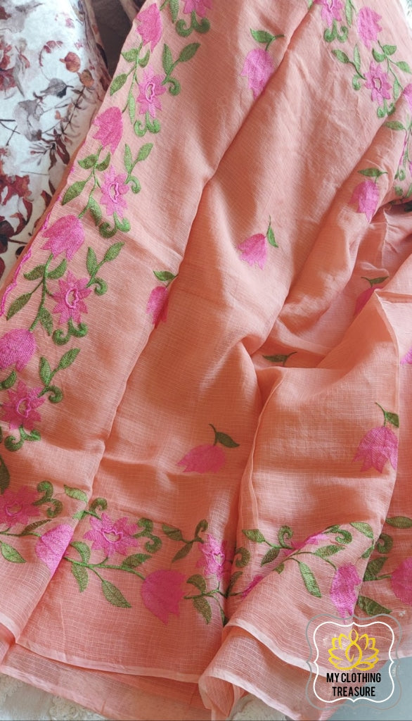 Embroidery On Cotton Kota Saree- Peach Saree