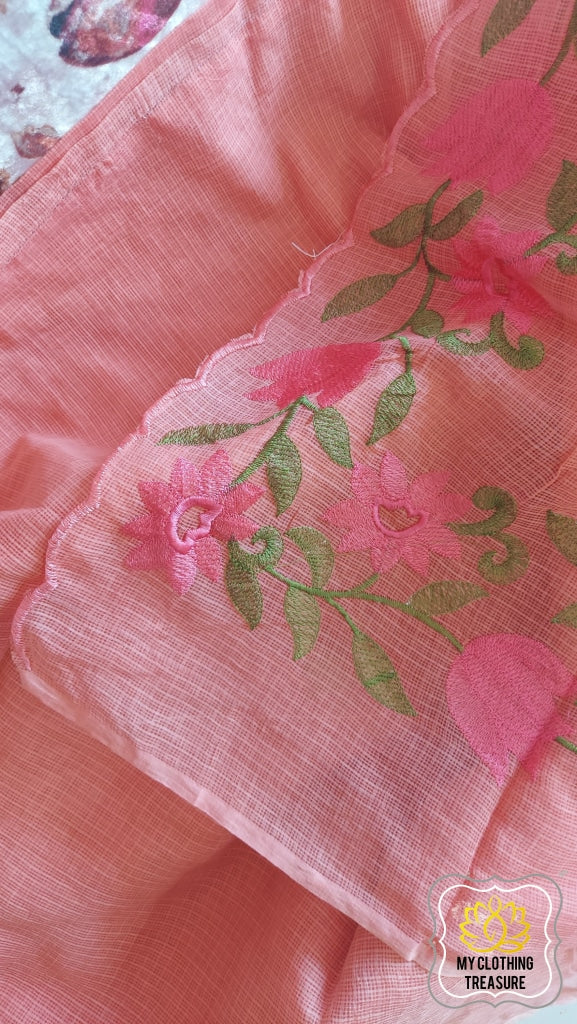 Embroidery On Cotton Kota Saree- Peachy Pink Saree