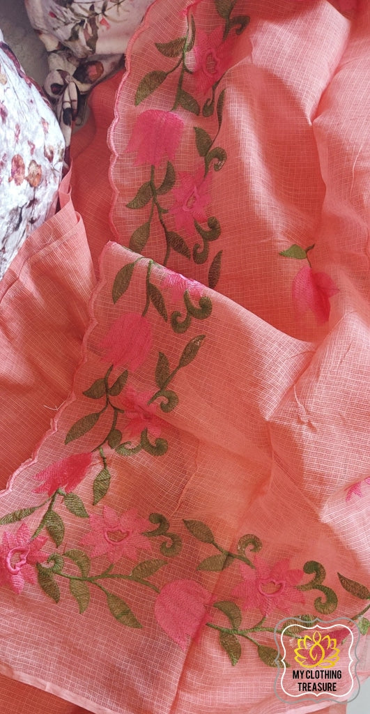 Embroidery On Cotton Kota Saree- Peachy Pink Saree