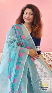 Embroidery On Cotton Kota Saree- Sky Blue Saree