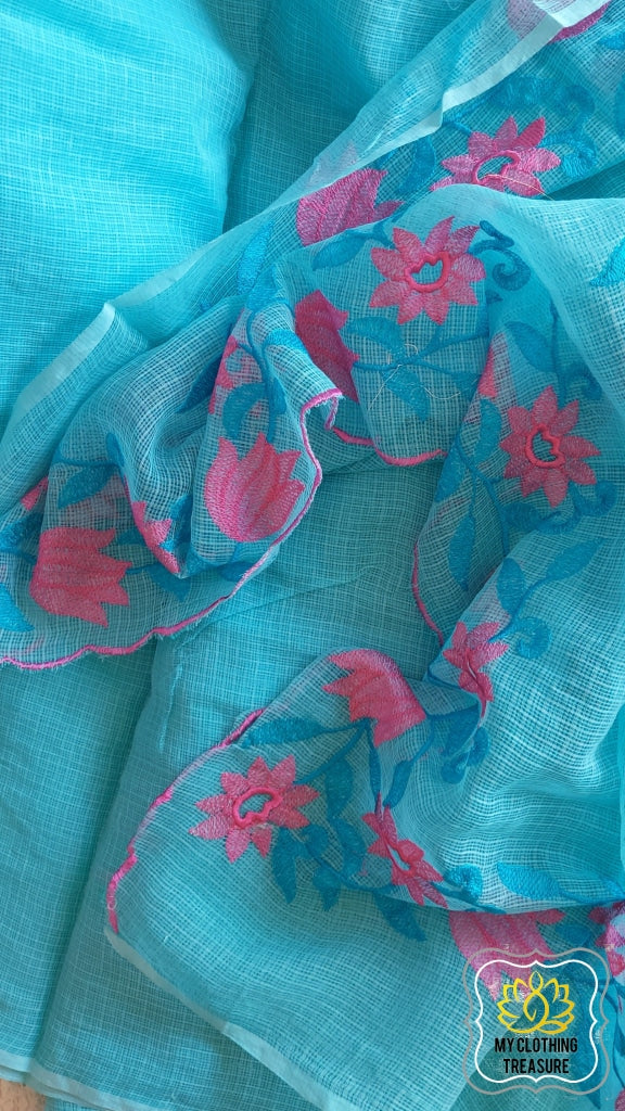 Embroidery On Cotton Kota Saree- Sky Blue Saree