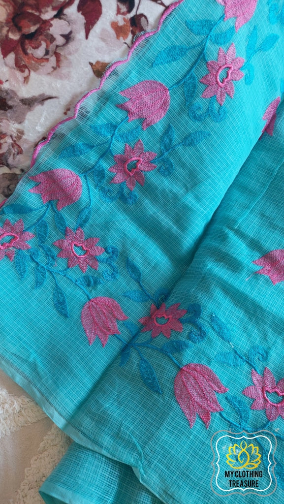 Embroidery On Cotton Kota Saree- Sky Blue Saree