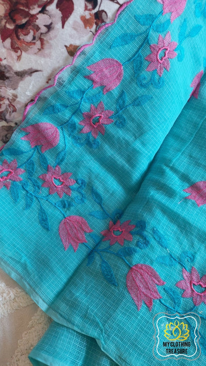 Embroidery On Cotton Kota Saree- Sky Blue Saree