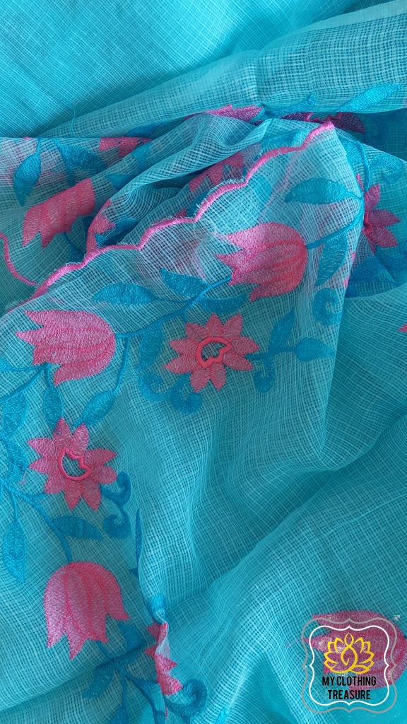 Embroidery On Cotton Kota Saree- Sky Blue Saree