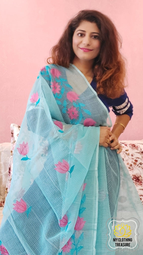 Embroidery On Cotton Kota Saree- Sky Blue Saree