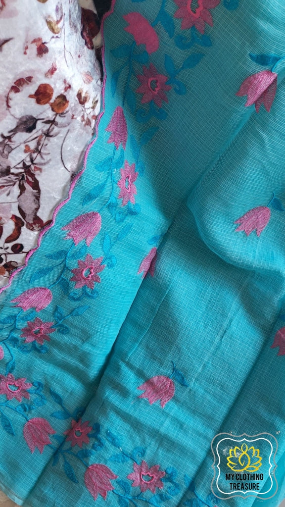 Embroidery On Cotton Kota Saree- Sky Blue Saree