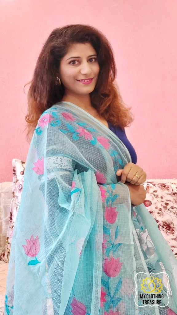 Embroidery On Cotton Kota Saree- Sky Blue Saree