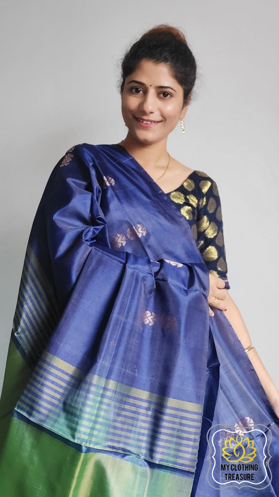 Handwoven Banana Pith Silk Saree- Blue And Green Saree