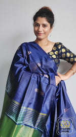 Load image into Gallery viewer, Handwoven Banana Pith Silk Saree- Blue And Green Saree
