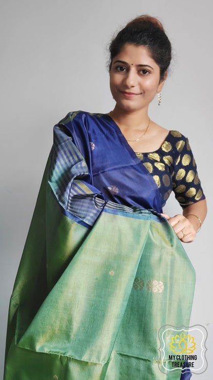 Handwoven Banana Pith Silk Saree- Blue And Green Saree