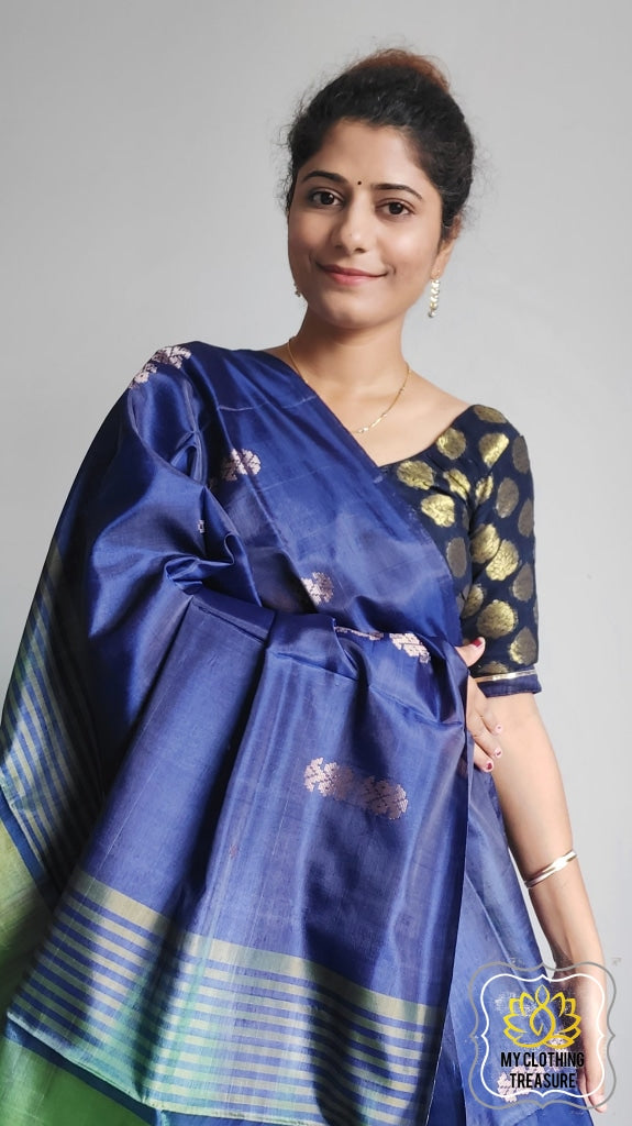 Handwoven Banana Pith Silk Saree- Blue And Green Saree