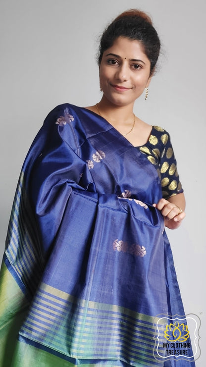 Handwoven Banana Pith Silk Saree- Blue And Green Saree