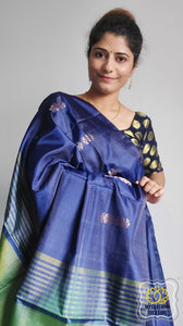 Handwoven Banana Pith Silk Saree- Blue And Green Saree