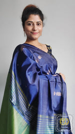 Load image into Gallery viewer, Handwoven Banana Pith Silk Saree- Blue And Green Saree
