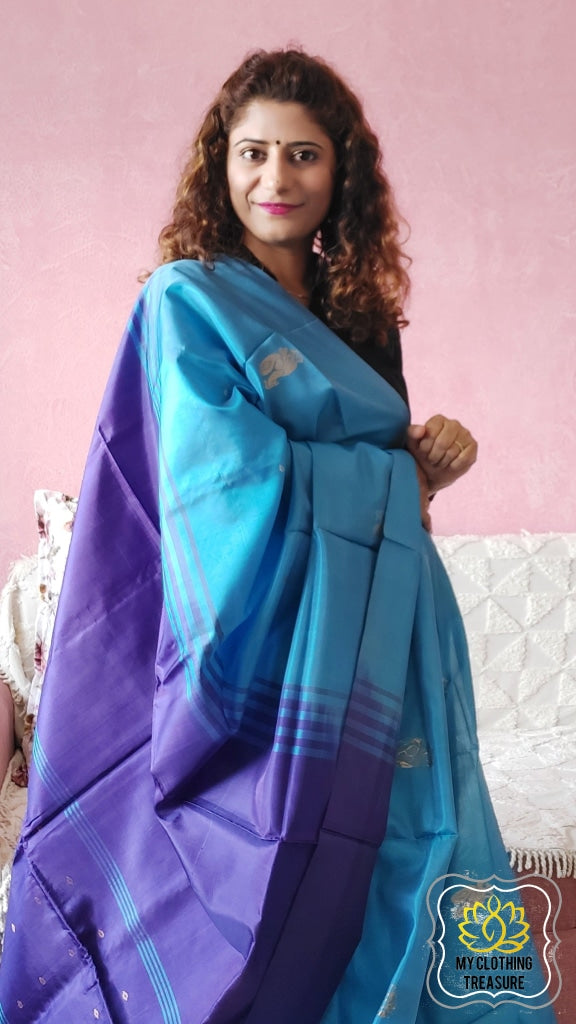 Handwoven Banana Pith Silk Saree- Blue And Indigo Saree