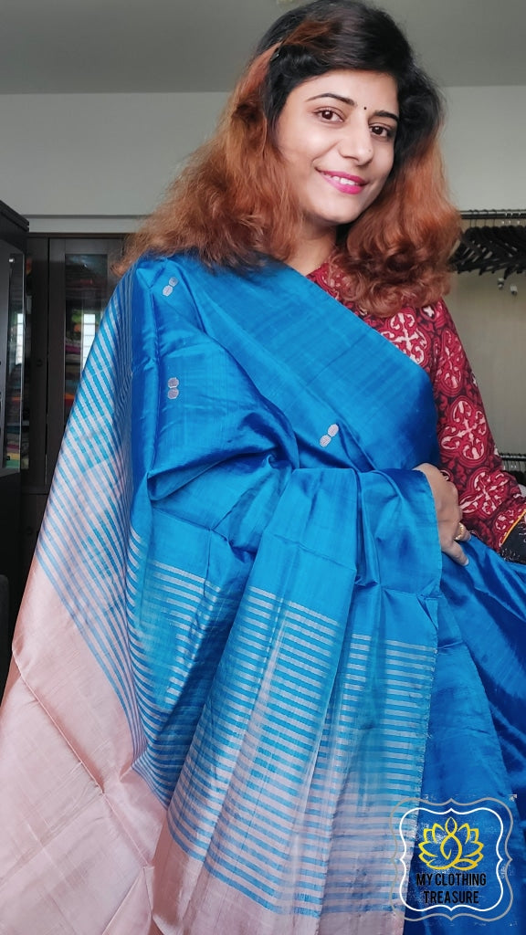 Handwoven Banana Pith Silk Saree- Blue And Tussar Saree