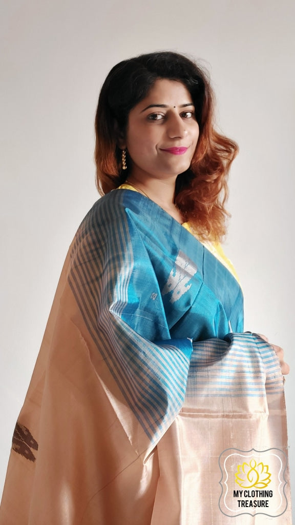 Handwoven Banana Pith Silk Saree- Blue And Tussar 2 Saree