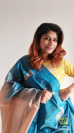 Load image into Gallery viewer, Handwoven Banana Pith Silk Saree- Blue And Tussar 2 Saree
