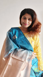 Load image into Gallery viewer, Handwoven Banana Pith Silk Saree- Blue And Tussar 2 Saree
