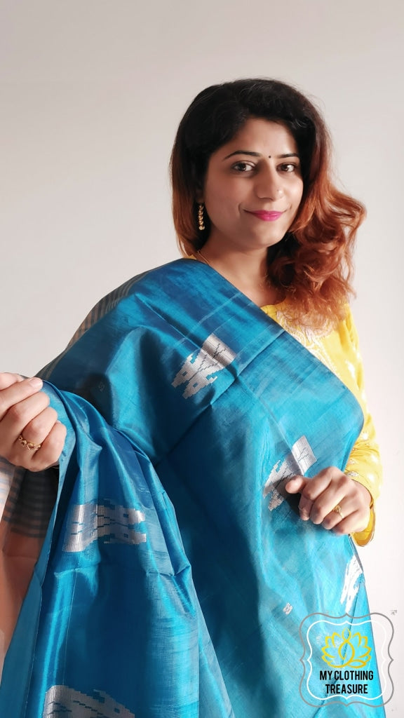 Handwoven Banana Pith Silk Saree- Blue And Tussar 2 Saree