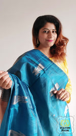 Load image into Gallery viewer, Handwoven Banana Pith Silk Saree- Blue And Tussar 2 Saree
