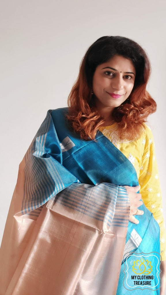 Handwoven Banana Pith Silk Saree- Blue And Tussar 2 Saree