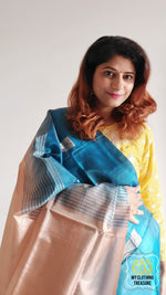 Load image into Gallery viewer, Handwoven Banana Pith Silk Saree- Blue And Tussar 2 Saree
