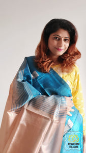 Handwoven Banana Pith Silk Saree- Blue And Tussar 2 Saree