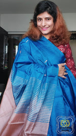 Load image into Gallery viewer, Handwoven Banana Pith Silk Saree- Blue And Tussar Saree
