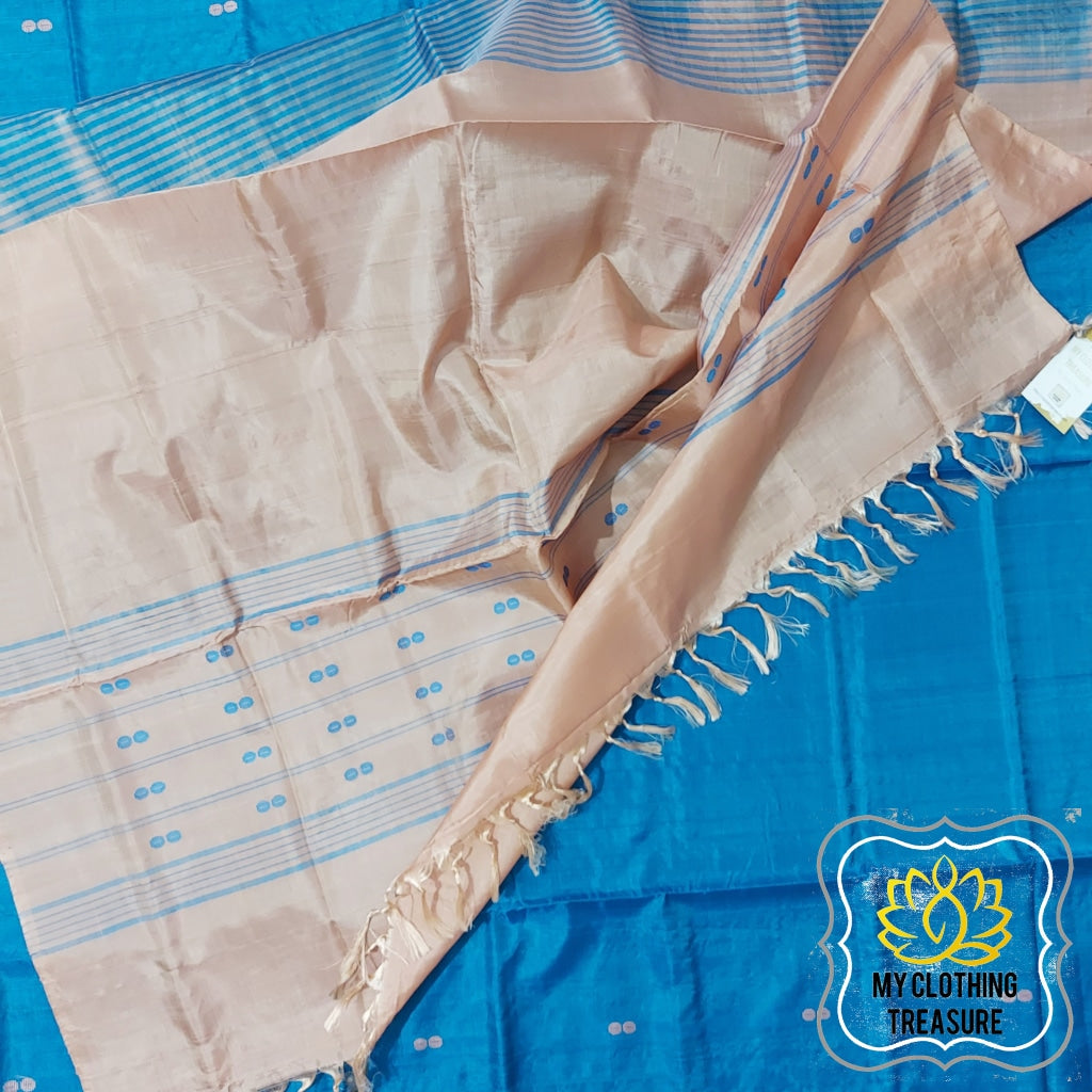 Handwoven Banana Pith Silk Saree- Blue And Tussar Saree